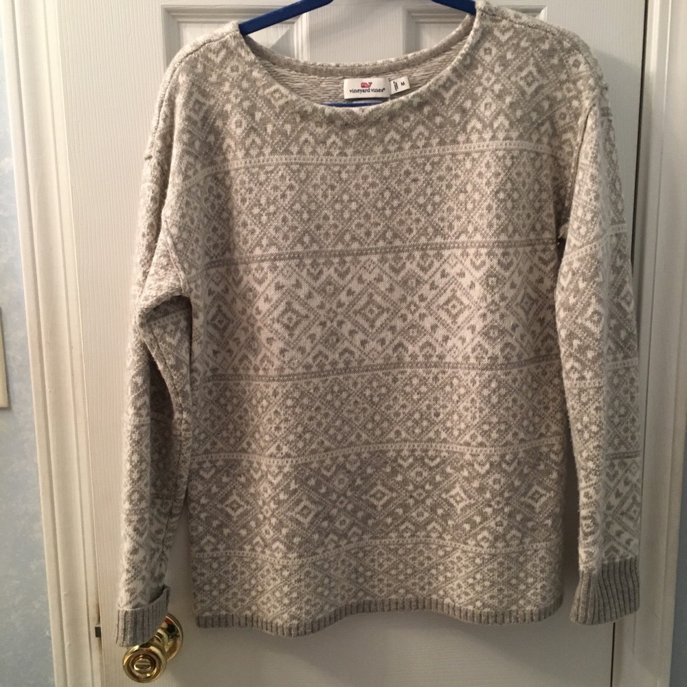 Vineyard Vines Fair Isle Sweater w/Cashmere Gray and White Crewneck Size Medium